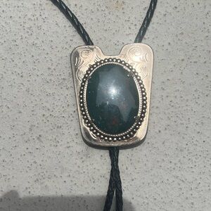 Vintage Green Moss Agate Bolo Black Southwest Tie Gold Tone